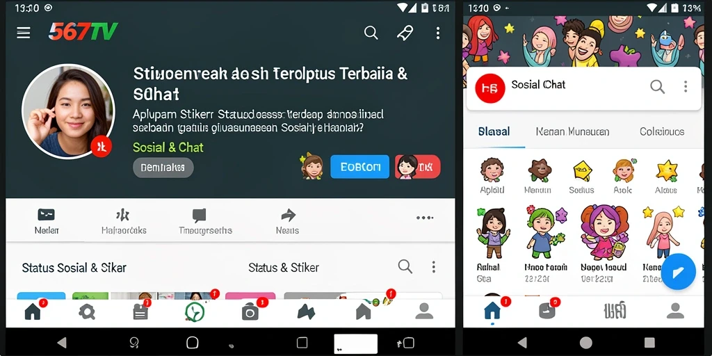Antarmuka 567TV yang menarik dengan berbagai stiker dan status.