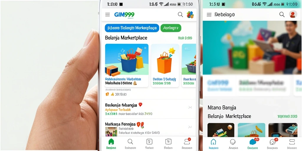 Antarmuka GIM999 menampilkan produk dan kategori Marketplace yang beragam.